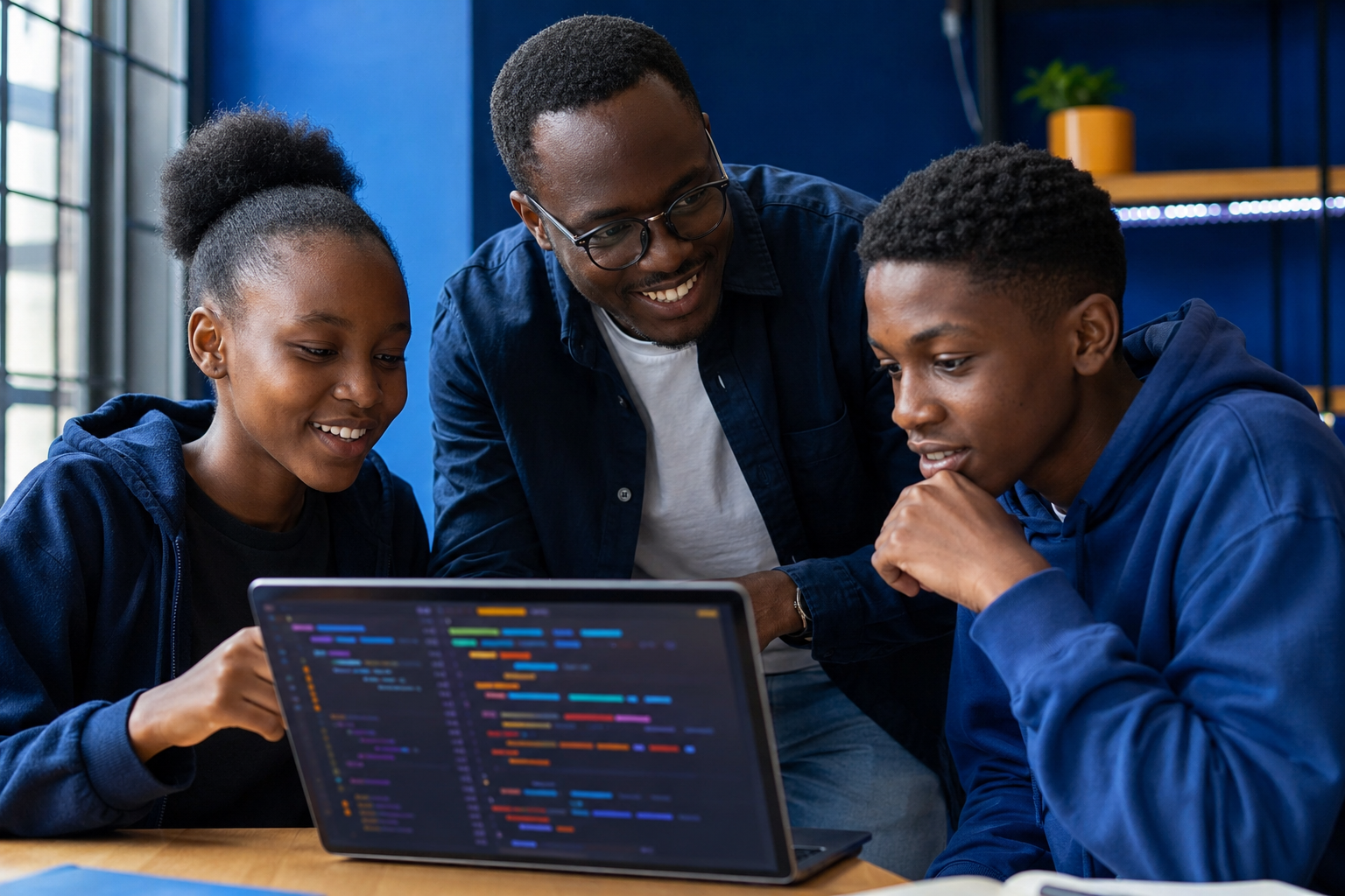 Code Joy Academy teacher mentoring teenagers as they work on a coding project